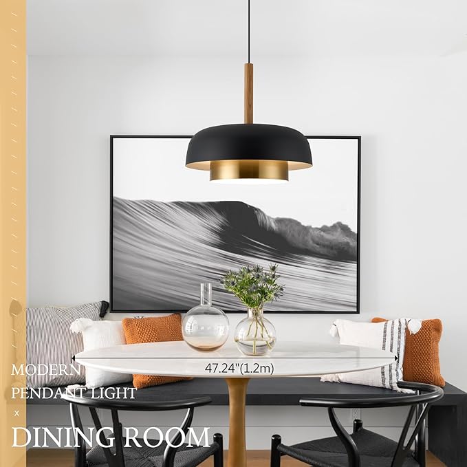Mid Century Large Pendant Lighting,18.8 inch,Double-Layer,Real Wood Accent,Black and Gold Modern Chandelier for Dining Room,Kitchen, Living Room
