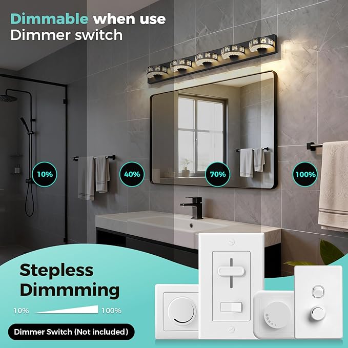 Modern Bathroom Vanity Lights 36.6 inch 5 Color Temperature Black Light Fixtures for Bathroom Above Mirror(5-Light,Dimmable)crystal Bathroom Light Fixtures for Mirror,Living Room,Kitchen,Hallway