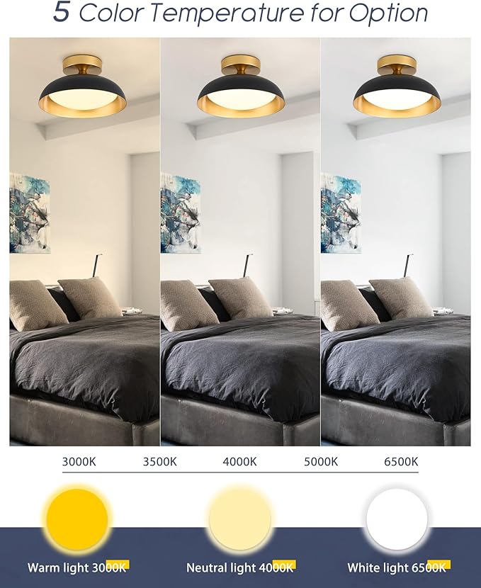 kudos Flush Mount Ceiling Light, 9.5inch LED Ceiling Light Fixture, Black and Gold Finish, 12W 600lm Modern Hanging Light Fixtures for Living Room, Bedroom, Hallway, 5CCT Adjustable, KDCL01-BK-S