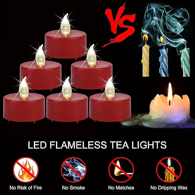 Battery Operated Tea Lights Candles,Flameless Led Electric Fake Candle, 50 Pack Realistic Flickering Votive Tealights, Long Lasting 200+Hours, for Wedding Party Home Decoration (Red)