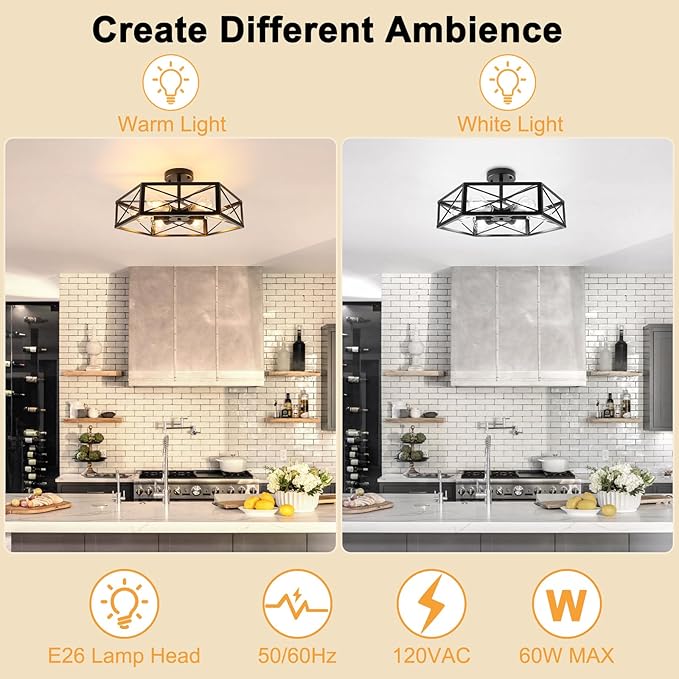 WILON Semi Flush Mount Ceiling Light, Industrial 6 Light Close to Ceiling Light Fixture, Black Dining Room Light Fixture Farmhouse Chandelier for Kitchen Hallway Bedroom Living Room(E26 Socket)