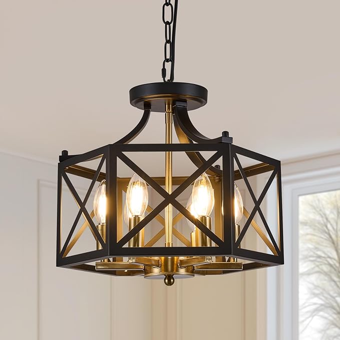 6-Light Black and Brushed Gold Pendant Light, Modern Farmhouse Chandeliers for Dining Room, Adjustable Metal Cage Hanging Light, Vintage Geometric Pendant Lighting for Kitchen Entryway Foyer
