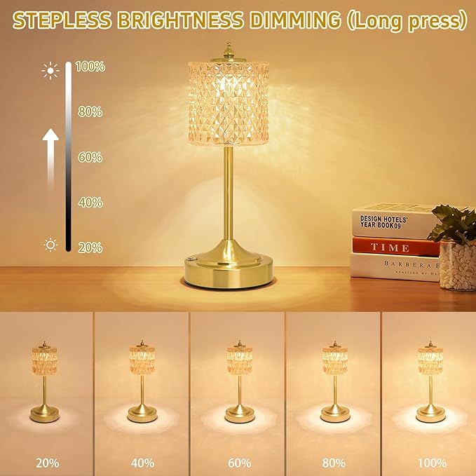 Cordless Crystal Table Lamp, 5200mAh Rechargeable Battery, 3 Color Dimmable Touch Control, Portable Vintage Gold Desk Lamp for Bedroom, Nightstand, Living Room, Home Decor (Amber)