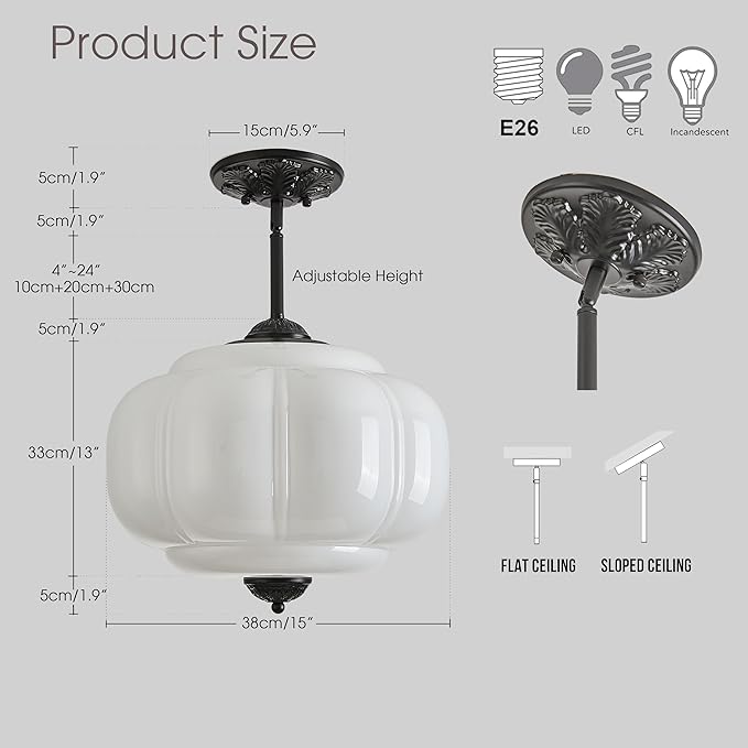 Milk Glass Ceiling Light Fixture, 15" Vintage Scallop Semi Flush Mount Pendant Light, Schoolhouse Light Fixture - Antique Chandelier for Kitchen, Hallway, Dining Room, White/Black