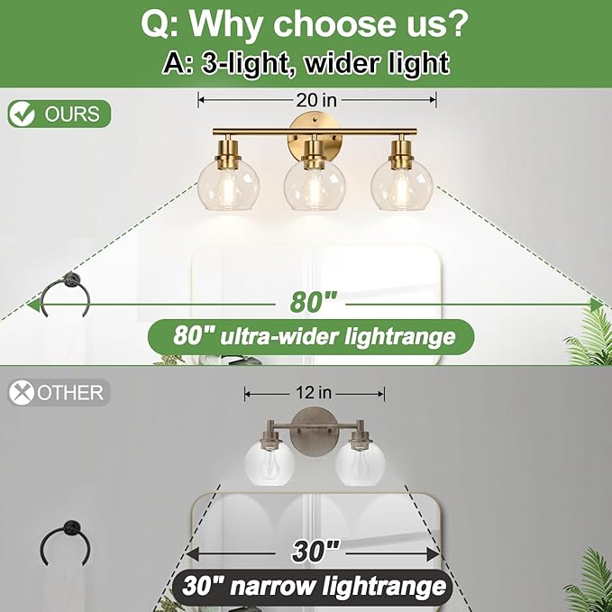 Indoi 3-Light Bathroom Light Fixtures, Brushed Gold Modern Vanity Lights Over Mirror with Clear Glass Globe Shade, Bathroom Wall Sconces for Mirror Kitchen Living Room Hallway Cabinet Bedroom Porch