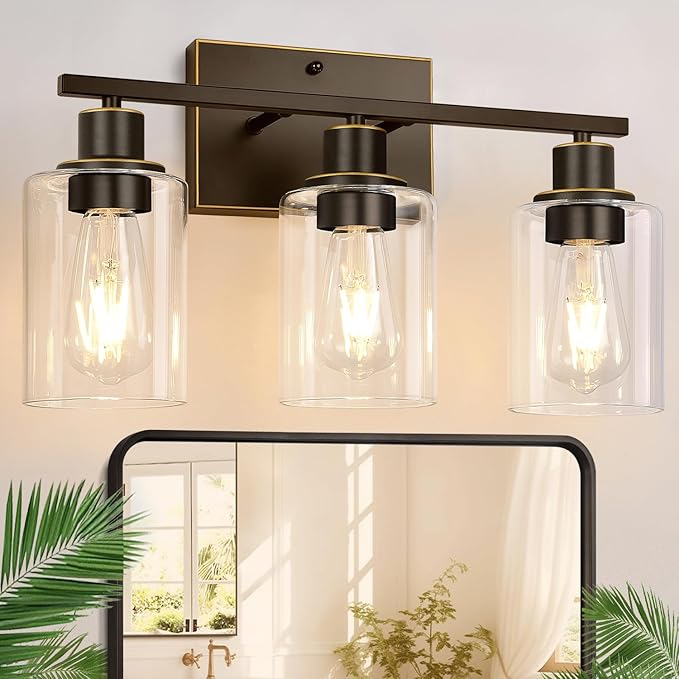 Indoi 3 Light Bathroom Light Fixtures, Oil-Rubbed Bronze Modern Vanity Lights with Clear Glass Shades, Bathroom Wall Lamp for Mirror Living Room Cabinet Bedroom Porch
