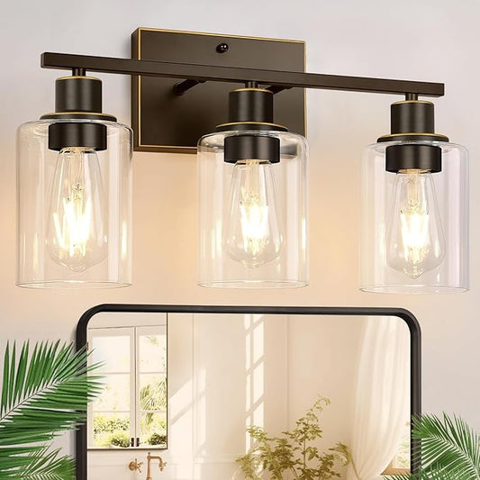 Indoi 3 Light Bathroom Light Fixtures, Oil-Rubbed Bronze Modern Vanity Lights with Clear Glass Shades, Bathroom Wall Lamp for Mirror Living Room Cabinet Bedroom Porch