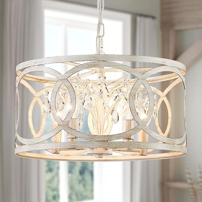 WUZUPS Crystal Chandelier 5-Light Vintage Farmhouse Pendant Ceiling Light Lighting Fixture for Foyer Diningroom Bedroom Hallway Storage Kitchen Bathroom, H 8.3" W 16.1", E12 Base, Antique White