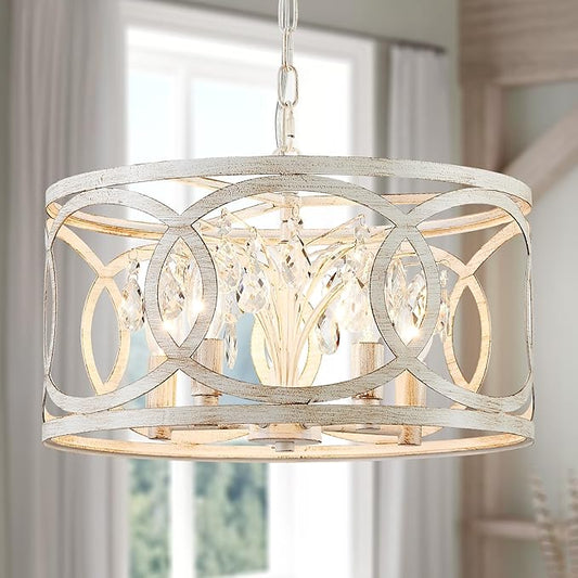 WUZUPS Crystal Chandelier 5-Light Vintage Farmhouse Pendant Ceiling Light Lighting Fixture for Foyer Diningroom Bedroom Hallway Storage Kitchen Bathroom, H 8.3" W 16.1", E12 Base, Antique White