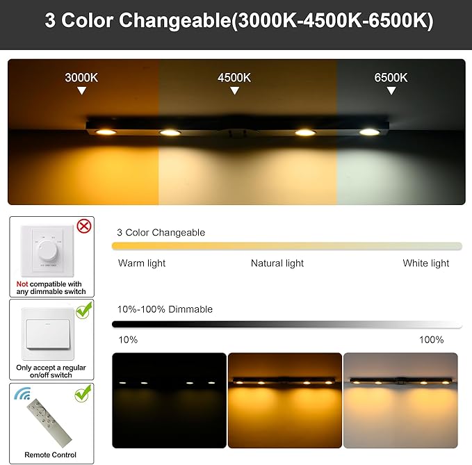 Garwarm Modern Ceiling Light Track Lighting, 31.5 Inch Dimmable LED Kitchen Ceiling Light Fixture with Remote 4-Light LED Chandelier Wall Sconce for Bedroom Dining Room Black