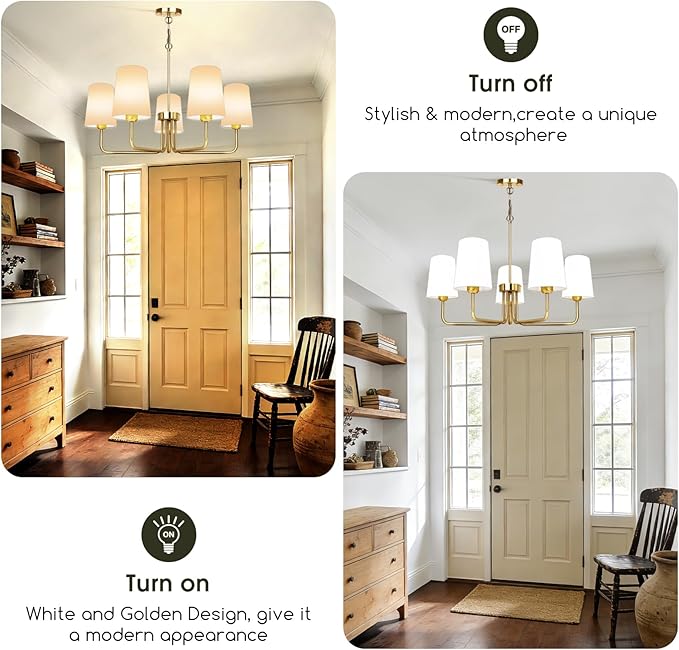 Farmhouse Chandelier Gold Chandeliers for Dining Room with White Fabric Shade Rustic 5 Lights Dining Room Light Fixture for Kitchen, Bedroom, Living Room