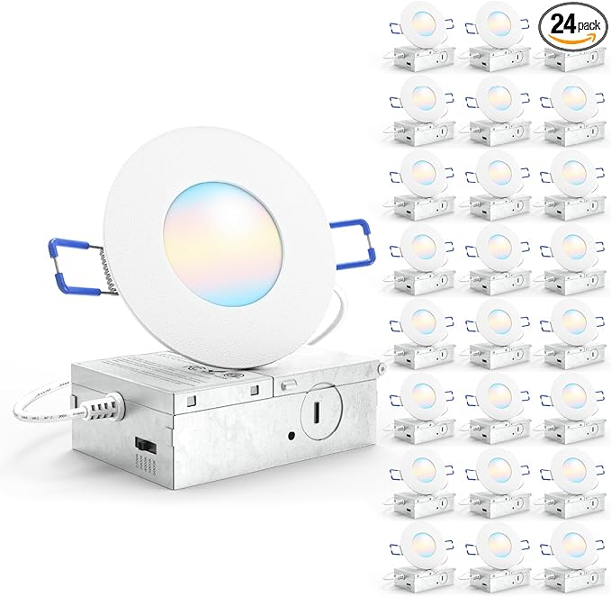Sunco 24 Pack 3 Inch Recessed LED Lights, Ultra Thin Ceiling Lighting, 500 LM, 8W (50W Equivalent), Selectable CCT 2700K/3000K/4000K/5000K/6000K, Dimmable, Wafer Thin, Canless with Junction Box