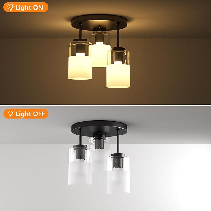 Maxax 3-Lights Black Semi Flush Mount Ceiling Light Fixture, 11.5" Modern Farmhouse Light Fixture with Clear Frosted Glass, E26 Base, for Kitchen, Foyer, Hallway, Entryway, Bedroom, Stairs
