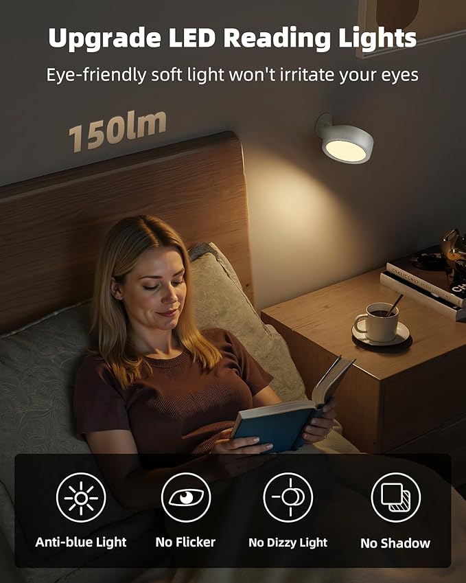 EZVALO LED Wall Mounted Light, 3000mAh Rechargeable Cordless Wall Sconce, 3 Color Temperatures, Dimmable with Remote & Touch Control, 360° Rotatable for Bedroom, Bedside, Reading, Study (White)