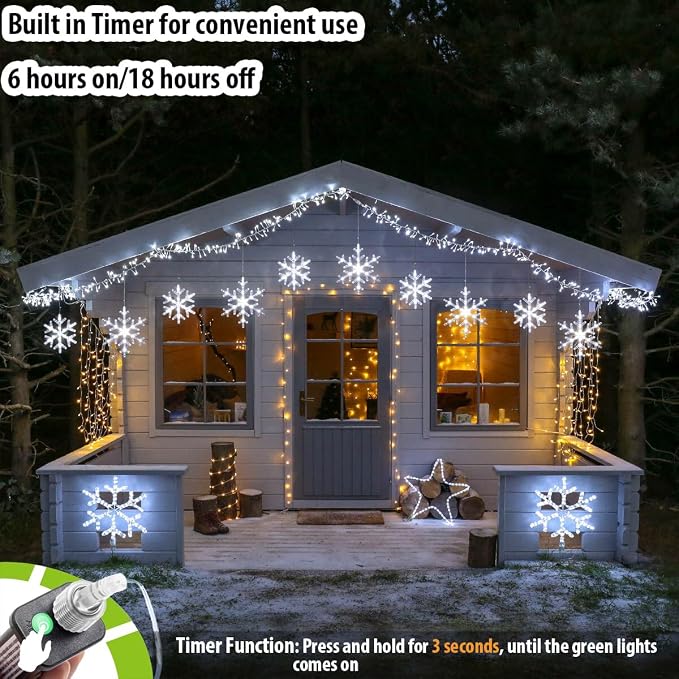 Christmas Snowflake Lights with 10 Drops, 9ft 150 LED Twinkling Cool White Icicle Christmas Lights, Waterproof Connectable Hanging for Indoor Outdoor Eaves Window Curtain Porch Xmas Décoration