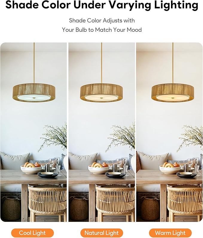 VONLUCE Boho Chandelier, 20.1" 4-Light Drum Chandelier with 2-Tier Rattan & Linen Lampshade, Rattan Ceiling Light for Dining Room Bedroom Living Room with E26 Sockets, Gold Finish, ETL Certified