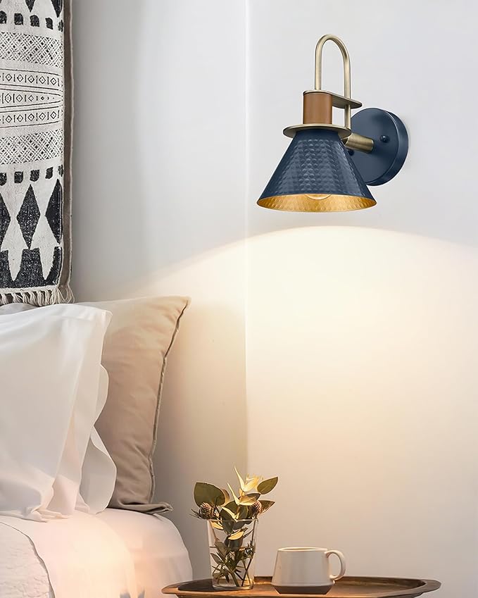 Industrial Wall Sconces Set of Two, HWH Indoor Wall Sconce 1-Light Barn Vanity Light, Hammered Wall Lamp for Bathroom Bedroom Bedside Kitchen, Hammered Metal Shade, Navy Blue Finish, 5HZG74B-2 BL+BG