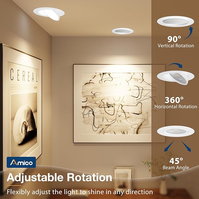 Amico 12 Pack 4 Inch 5CCT Gimbal LED Recessed Lighting, 360°&90°Adjustable Eyeball Directional Downlight, Dimmable, 2700K/3000K/3500K/4000K/5000K Selectable, 9W 700LM CRI90+, White, ETL&FCC