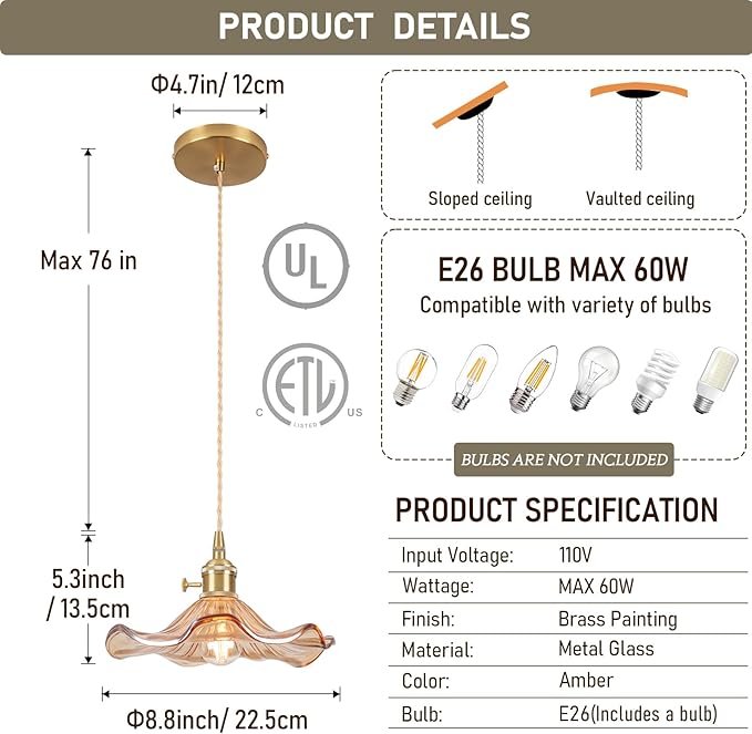 Glass Pendant Light Vintage Light Fixtures,Amber Modern Chandelier Pendant,E26 8.8" Adjustable Hanging Light,Flower Pendant Lights Kitchen Island for Farmhouse Entryway Dining Room 1 Light