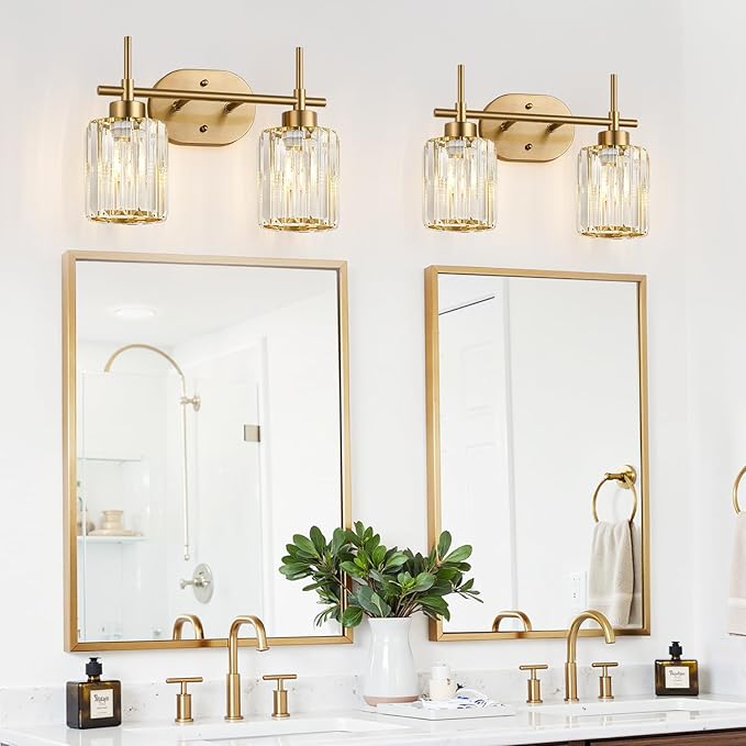 Modern Crystal Bathroom Vanity Light, 2-Light Brushed Gold Bathroom Light Fixtures with Clear Shades, Vanity Lighting Fixtures Over Mirror (Exclude Bulb)