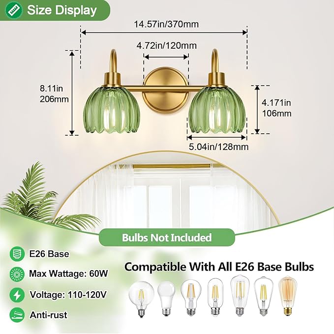 2-Light Bathroom Vanity Light, Brushed Gold Vanity Wall Light Over Mirror with Ribbed Green Tulip Glass Shade, Bathroom Light Fixtures for Bedroom, Living Room, Hallway