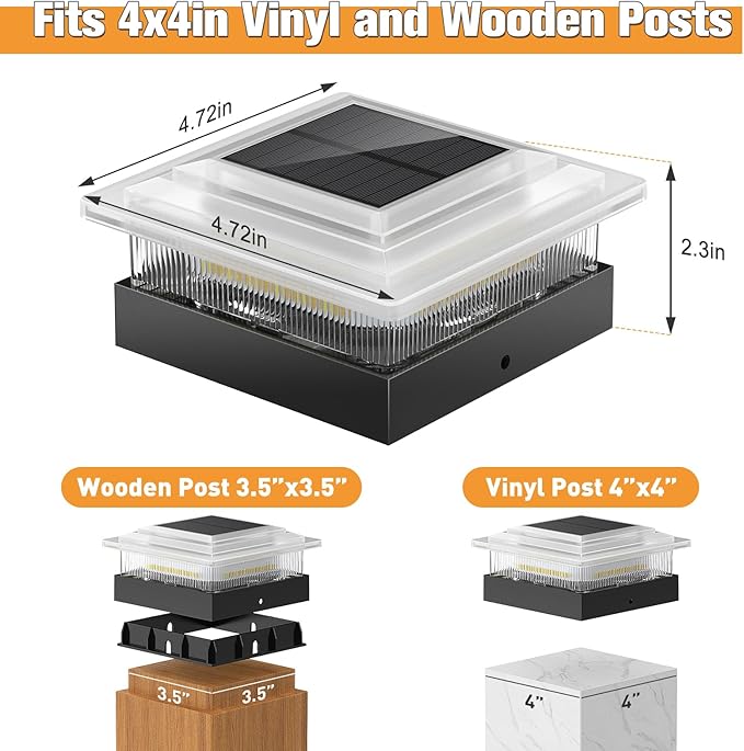 4x4 40 Lumens Post Solar Lights 6 Pack, Fence Post Solar Lights 4 Lighting Modes Solar Post Cap Lights for 4x4 3.5x3.5 Wood/Vinyl Posts, IP67 Waterproof Post Lights for Fence Mailbox Porch Post
