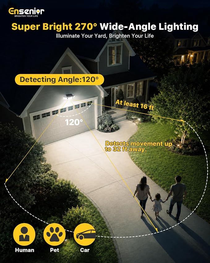 Ensenior Solar Motion Lights Outdoor, 3000LM 220 LED High Brightness Motion Sensor Outdoor Lights, 3 Head 4 Modes 270° Wide Angle Flood Lights IP65 Waterproof, Remote Control Security Lights, 4 Pack