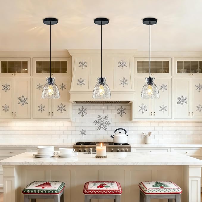 Hammered Glass Black Pendant Lights Kitchen Island Lighting, Small Hand-blown Glass Black Farmhouse Pendant Light Fixtures, Modern Hanging Lights Kitchen Pendant Lighting over Island Sink Bathroom E26
