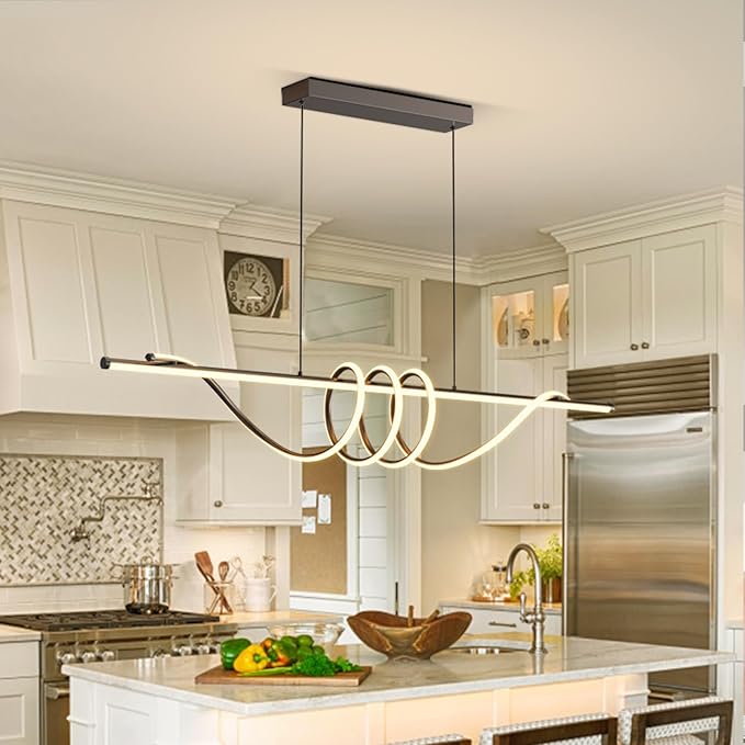 Modern LED Pendant Lights, Ceiling Chandelier Dimmable with Remote Control 3000k-6000K Adjustable Color Temperature, Aluminum Island Lighting Lamp Fixture for Kitchen, Dining Room(57in Black)
