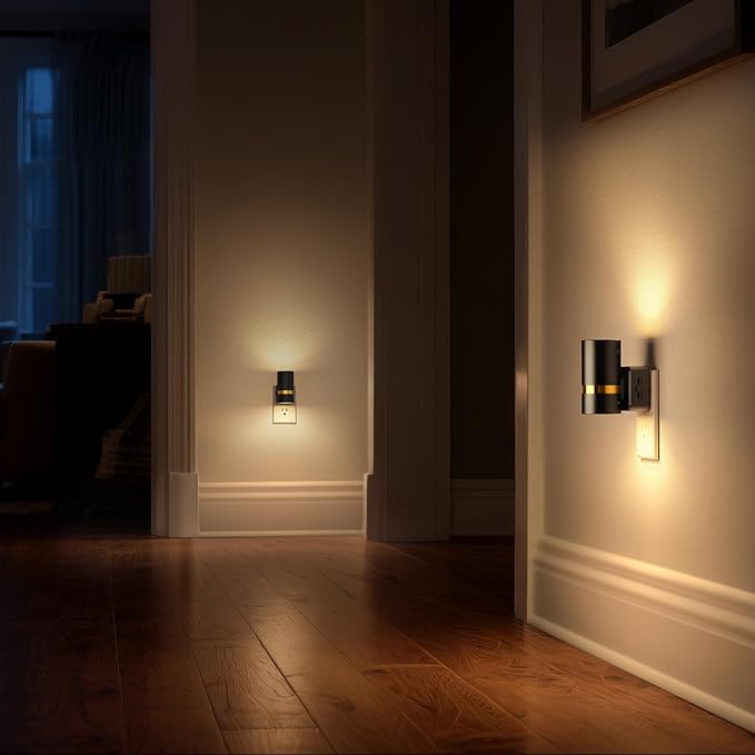 DORESshop LED Night Lights Plug into Wall, 2 Pack, Black Cylinder Wall Sconce Dimmable Night Light Plug in, Slide Brightness Adjustable with Dusk to Dawn Sensor, 3000K Warm White for Bedroom, Hallway