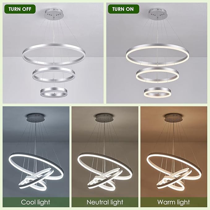 Benkut 3-Rings D23.6 Modern LED Chandelier Silver Dimmable Pendant Lighting with Remote Control Circular Flush Mount High Ceiling Light for Dining Room Living Room Bedroom Entrance Foyer, 3000K-6500K