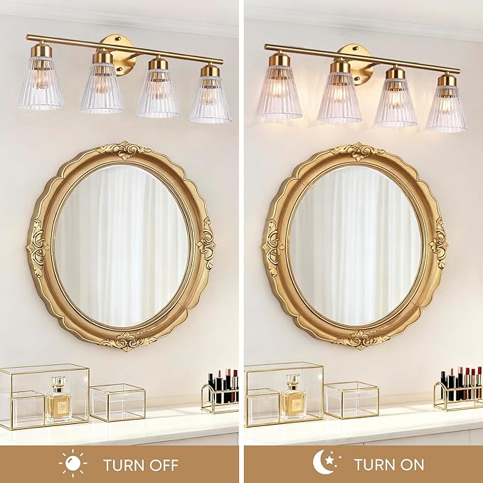 4-Light Bathroom Vanity Light, Brushed Gold Bathroom Light Fixtures Over Mirror with Stripe Glass, Modern Wall Lamp, Wall Sconces Lighting for Living Room Bedroom Kitchen Hallway
