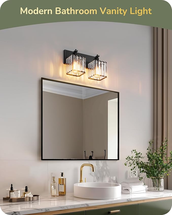 EDISHINE Bathroom Vanity Light Fixtures, 2 Light Crystal Bathroom Lighting Fixtures Over Mirror, Modern Wall Sconce for Powder Room, Bedroom, E26 Base, Black