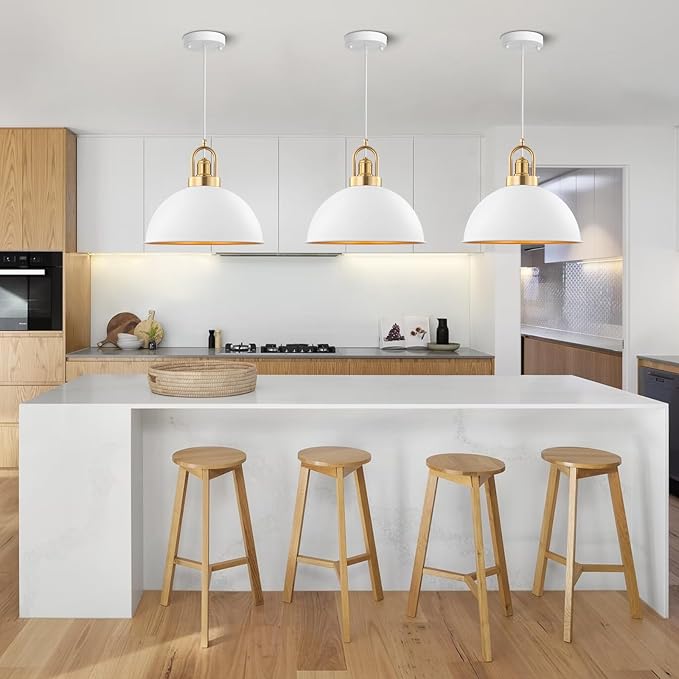 Modern Large Pendant Light 13.8 inch, White Dome Metal Shade with Brass Accent, Minimalist Chandelier for Kitchen Island, Dining Room
