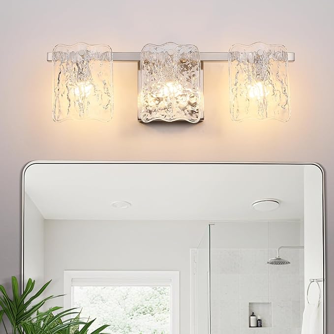 3-Light Bathroom Vanity Light, Brushed Nickel Bathroom Light Fixture Over Mirror with Clear Glass, Modern Bath Wall Sconce Lighting for Bath Restroom, OS-MM5002-3BN