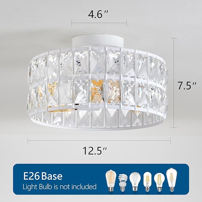 HuixuTe Modern Bedroom Light Fixtures Ceiling, 12.5" Round Drum Crystal Chandelier 3-Light, White Semi Flush Mount Ceiling Light for Dining Room Kitchen Hallway Living Room