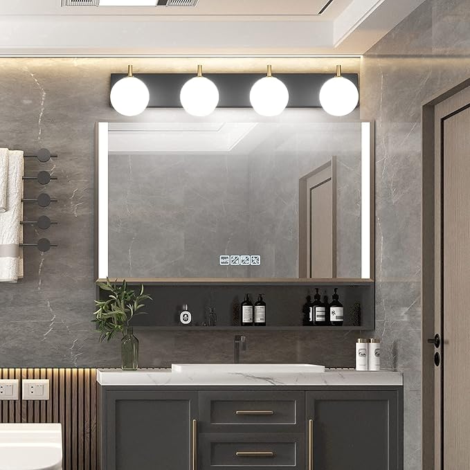 Aipsun Mid Century Modern Vanity Light 4 Lights Milky Glass Modern Bathroom Light Fixtures Over Mirror(Exclude Bulb)