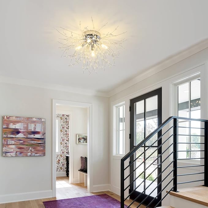 Modern Small Crystal Ceiling Light Fixture, 4-Light Chrome Crystal Sputnik Firework Chandelier, Semi Flush Mount Ceiling Light Fixtures for Bedroom Kitchen Hallway Entryway Bathroom(H9.5'' x W17.7'')