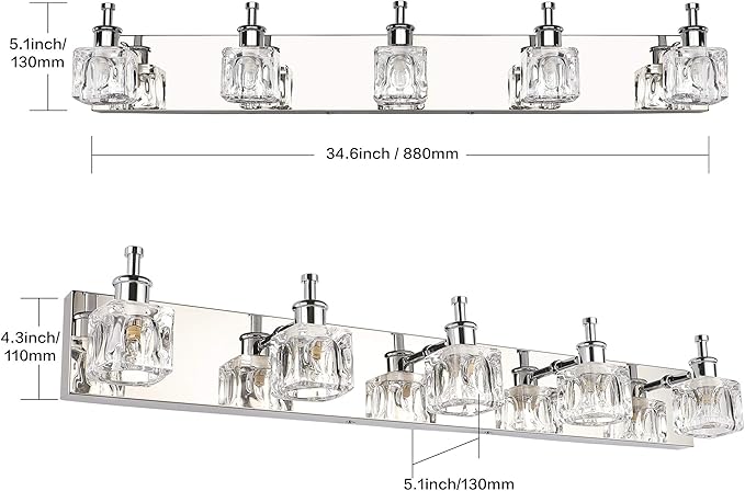 PRESDE Crystal Bathroom Vanity Light Fixtures 5 Light Bathroom Light Fixtures Over Mirror Modern LED Chrome Bath Lighting