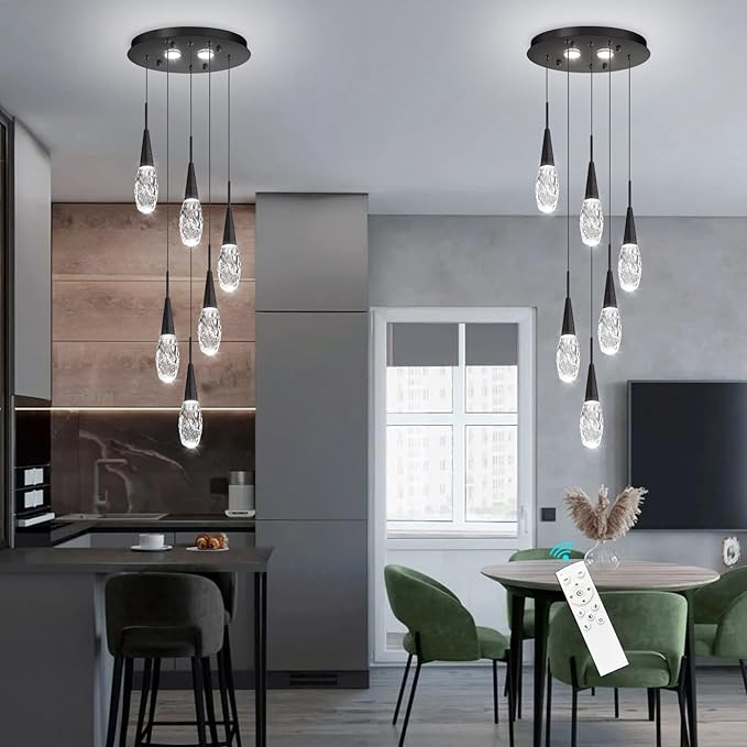 6-Lights Adjustable Pendant Lights for Kitchen Island LED Dimmable Light Fixture Modern Glam Crystal Hanging Lighting for Dining Room Bedroom Black