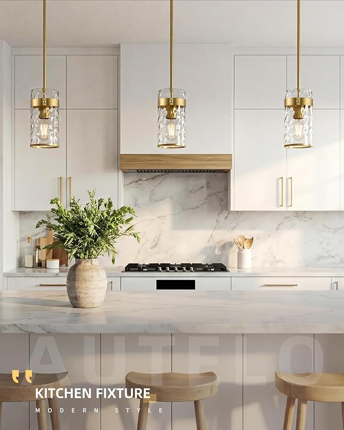 AUTELO Gold Pendant Light, 1-Light Island Pendant Lights for Kitchen with Hammered Glass, Modern Hanging Lamp with Adjustable Rods for Dining Room Bedroom Kitchen Sink, H-2529 HMBG