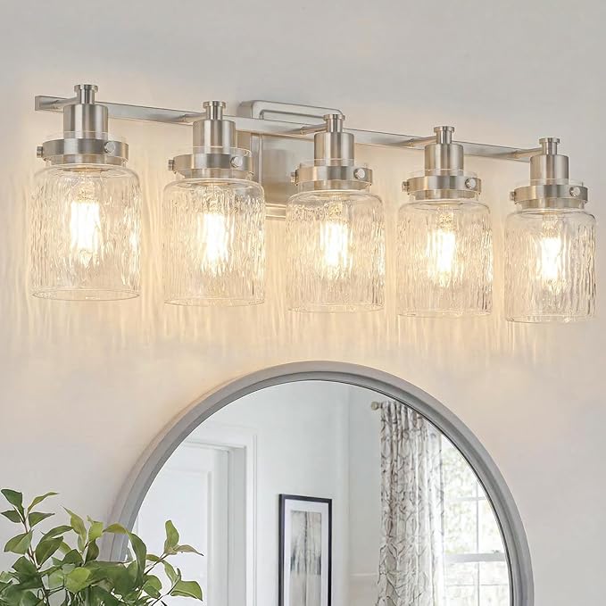 5 Lights Bathroom Light Fixtures Farmhouse Brushed Nickel Vanity Lights for Bathroom Lighting Fixtures Over Mirror with Hammered Glass Lampshade for Cabinet Mirror Bedroom Hallway