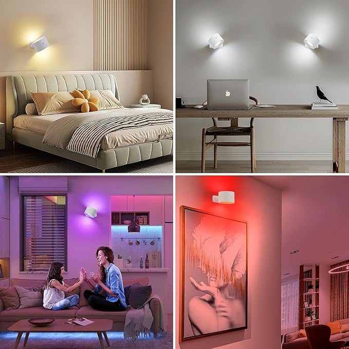 Lightess Battery Operated Wall Sconce Set of 2, 19 Colors Dimmable Wall Lights for Bedroom, 5000mAh Rechargeable Cordless Wall Lamps for Bedroom Hallway, White