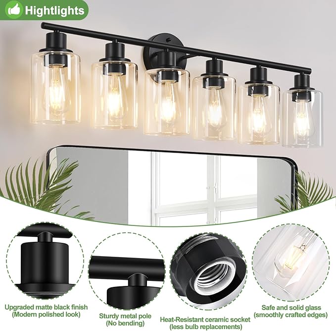 Zarbitta 6-Light Bathroom Light Fixtures, Black Modern Vanity Lights with Clear Glass Shade, Bathroom Wall Lamp for Mirror Kitchen Living Room Hallway Cabinet Porch