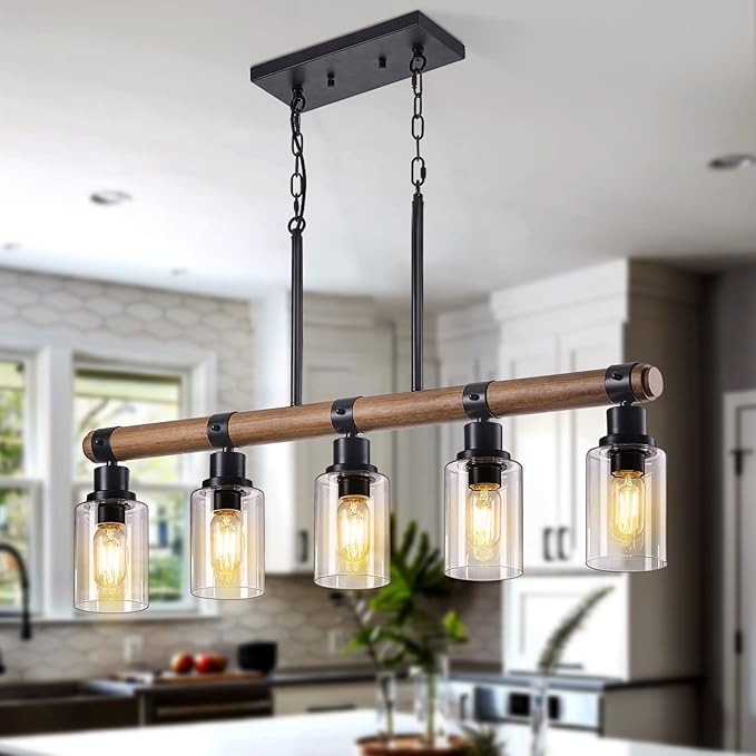 Dining Room Chandelier Over Table, 5-Light Farmhouse Kitchen Island Lighting, Matte Black Rustic Wood Chandelier with Clear Glass Shade, Ceiling Pendant Light Fixture for Kitchen