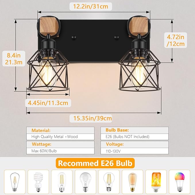 FadimiKoo 2-Light Farmhouse Bathroom Vanity Light Fixtures, Wood Bathroom Lighting Over Mirror, Black Rustic Sconces Wall Lighting with Metal Lampshade for Living Room, Bedroom, Hallway