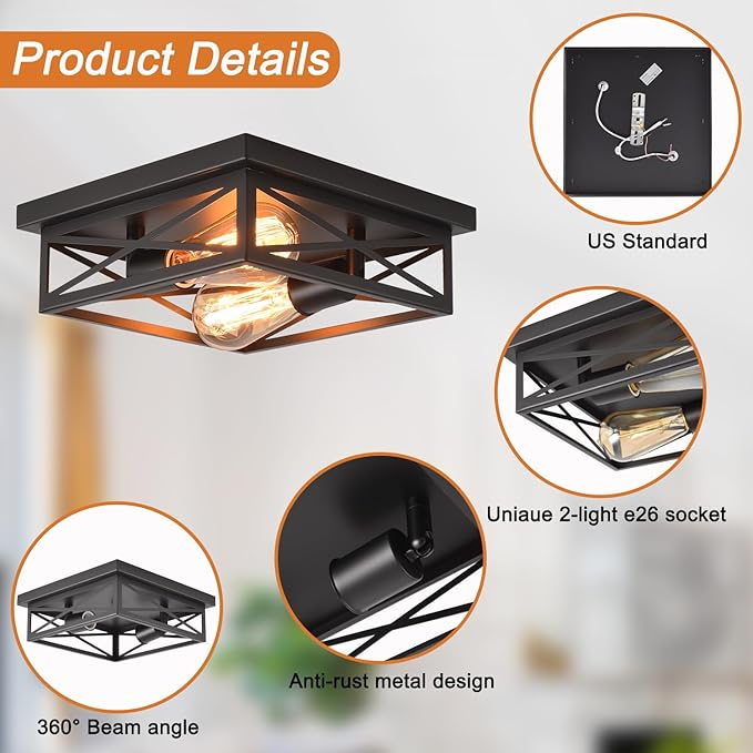 Black Flush Mount Ceiling Light,Hallway Light Ceiling Mount,Industrial Vintage Metal Cage Close to Ceiling Lights for Kitchen,Farmhouse,Bedroom