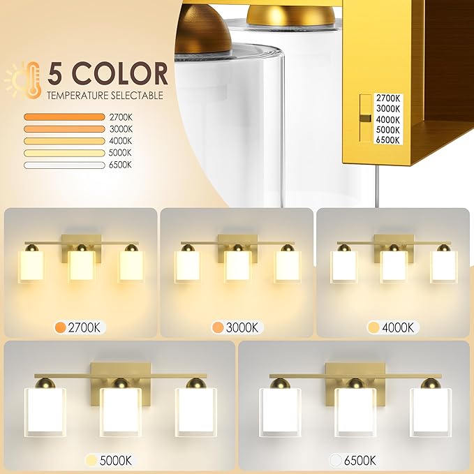 Quntis Gold Bathroom Light Fixtures, 3 Light Modern Vanity Lights Over Mirror, 5 Colors & Stepless Dimmable LED Bathroom Lighting with Milk White Frosted Glass, 16 Inch (Bulbs Included)