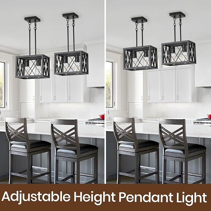 KEESFU Black Farmhouse Pendant Light, 2 Lights Small Kitchen Lighting Fixtures, Adjustable Height, Industrial Dining Room Light for Living Room Foyer Dining Table Over Sink.