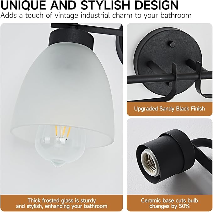 28 Inch Mid-Century Modern Vanity Lights, 4-Light Black Bathroom Light Fixture with Frosted White Bell Shades, Industrial Wall Sconce for Mirror Over Vanity, Bedroom, Hallway